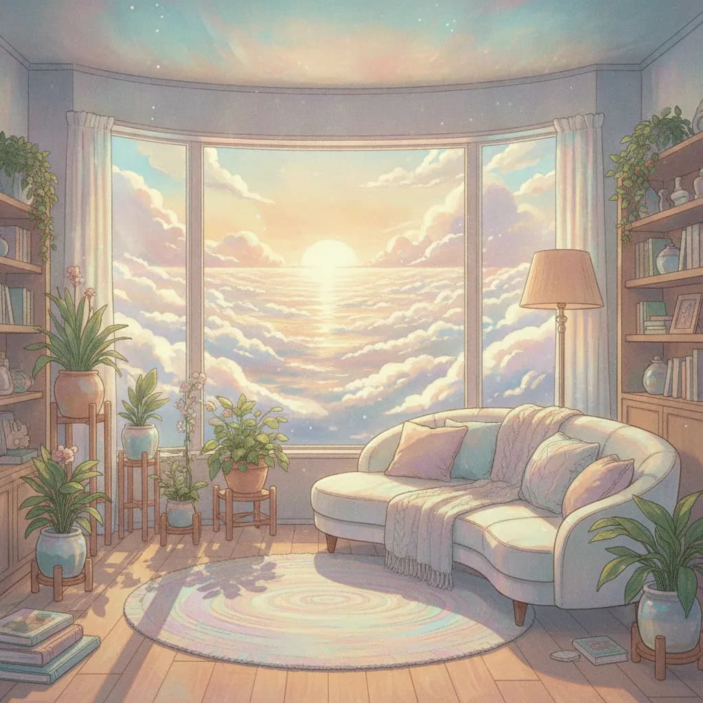 A warm furnished apartment with a curved window over a sea of clouds at sunset