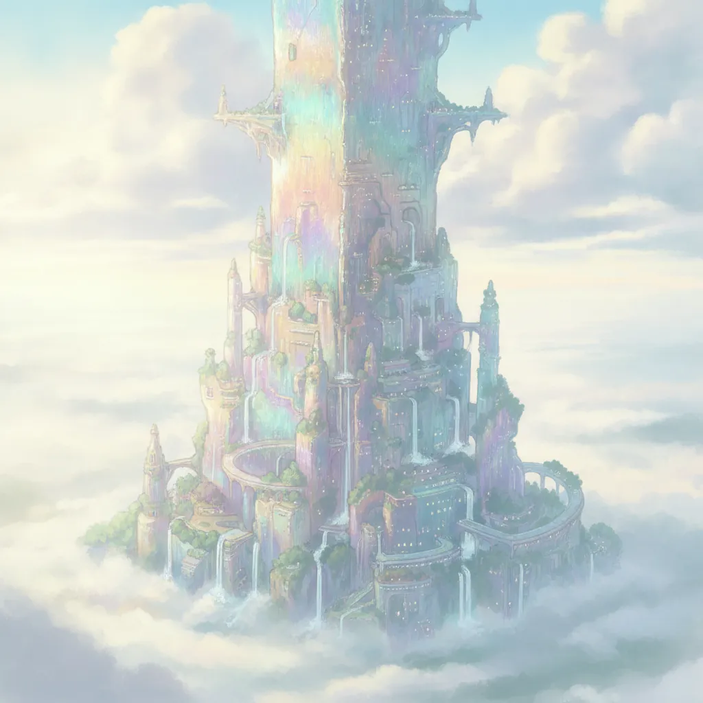A single colossal tower-city rising alone from a misty landscape into the dawn clouds
